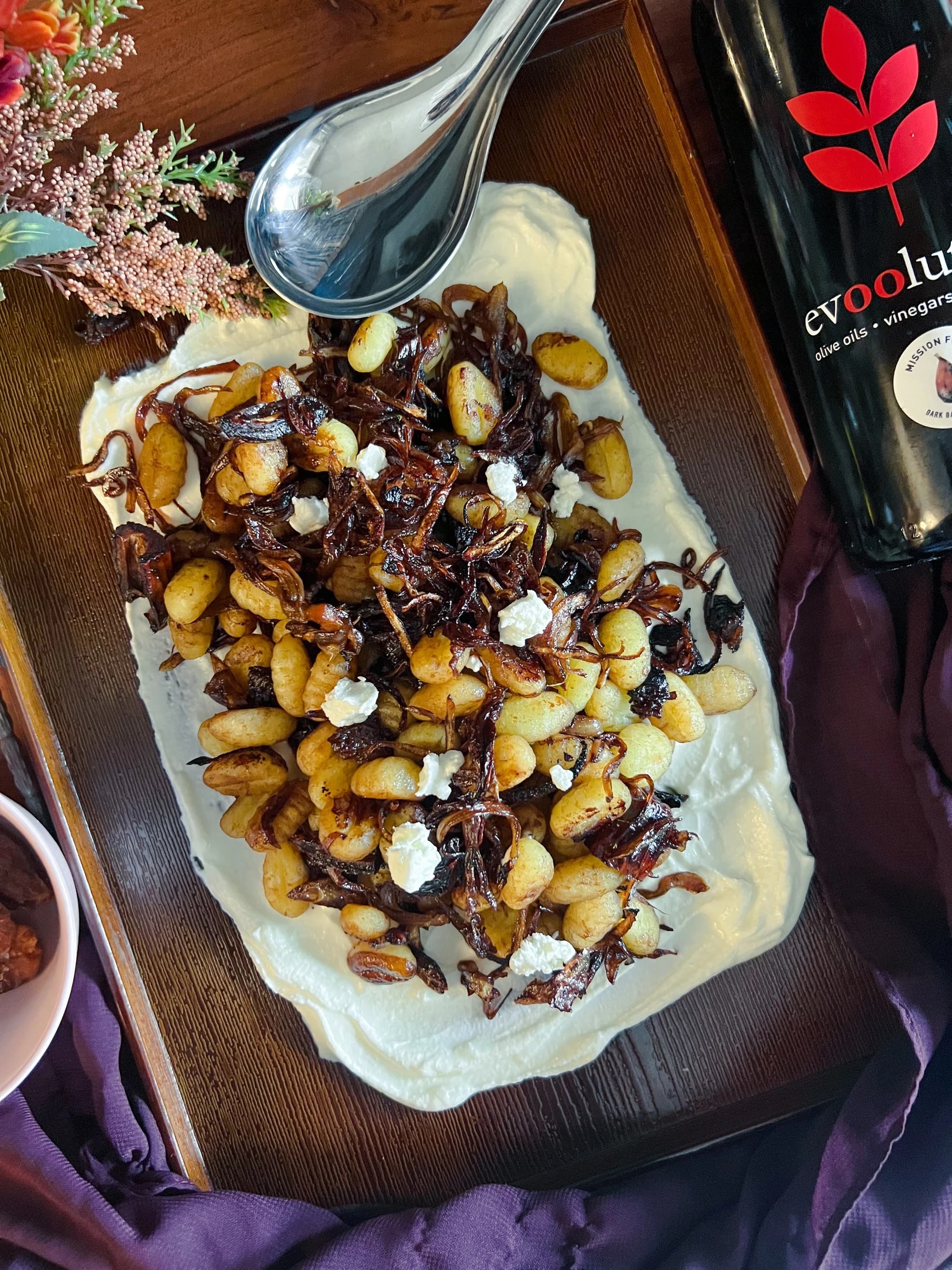 Crispy Sheet Pan Gnocchi with Fig Balsamic Caramelized Onions and Goat Cheese