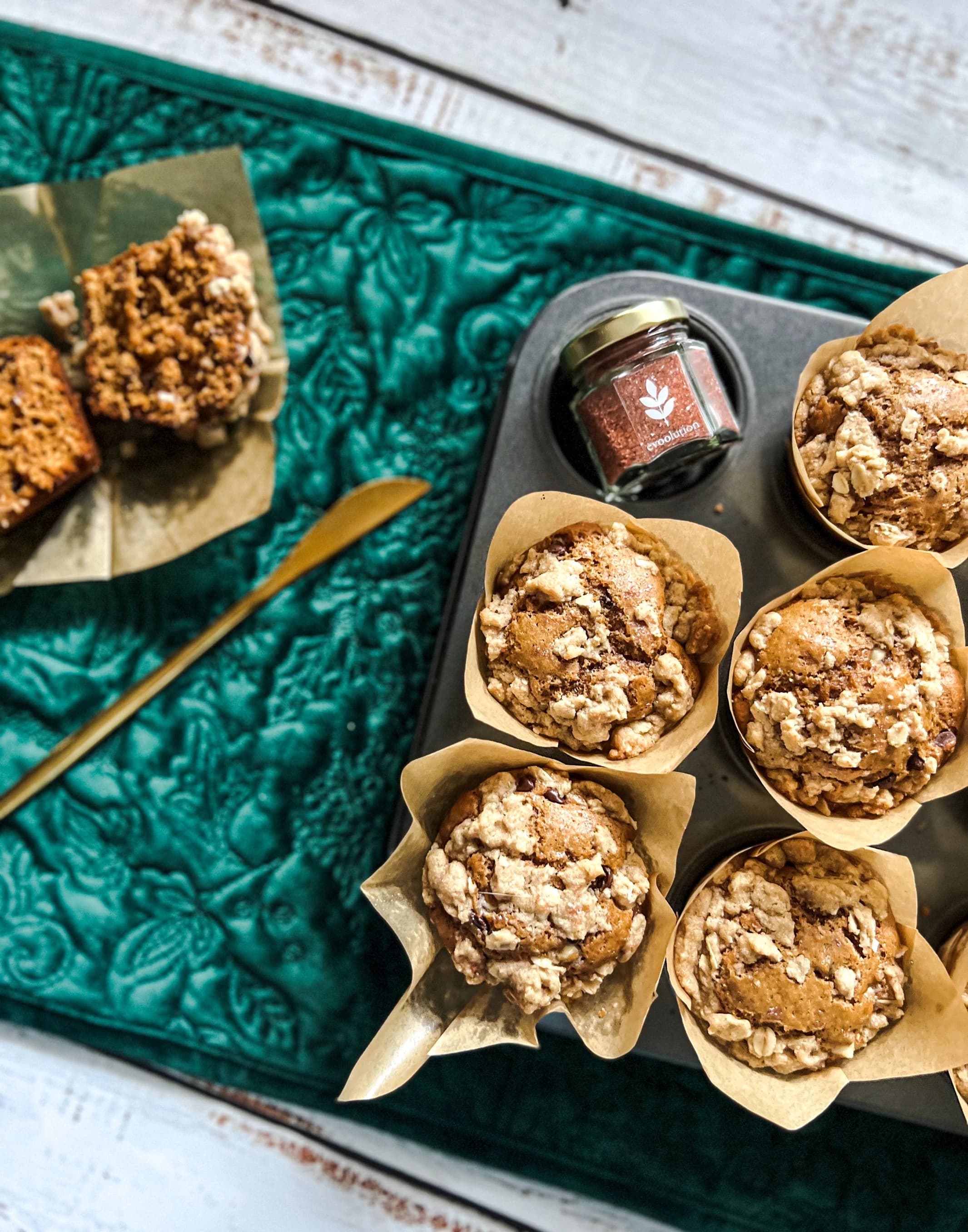 Bakery Style Double Chocolate Chip Gingerbread Crumble Muffins